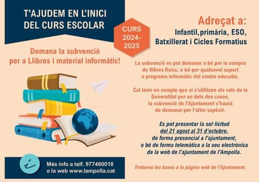 Fins al 31 d'octubre, obert el termini per sol·licitar la subvenció destinada a la compra de llibres i material informàtic