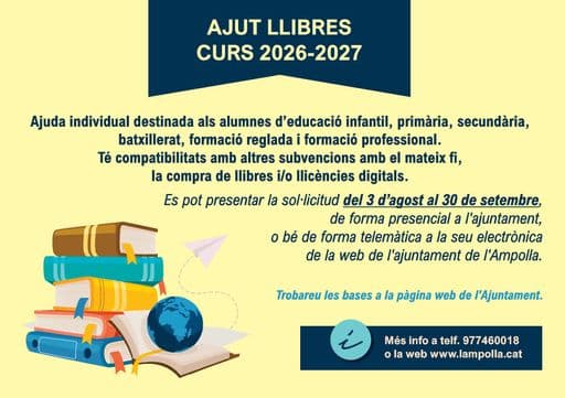 L'Ajuntament de l'Ampolla obre la convocatòria d'ajuts per a llibres escolars del curs 2026-2027